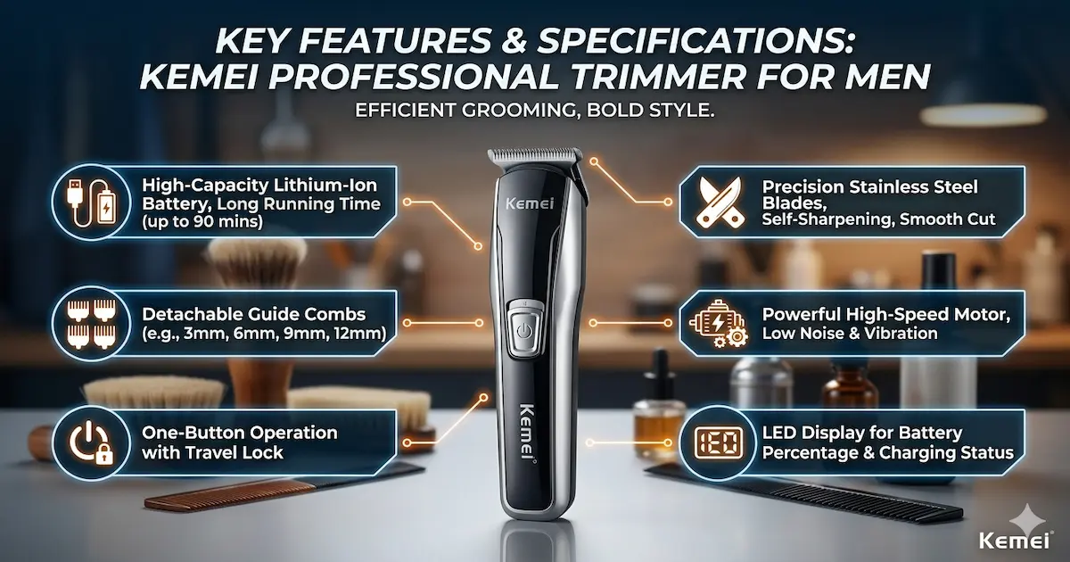 Key Features & Specifications of Kemei Trimmer for Men